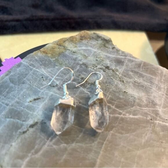 Clear Crystal Quartz Silvertone Point Earrings In Sterling Silver Hooks - Picture 5 of 11